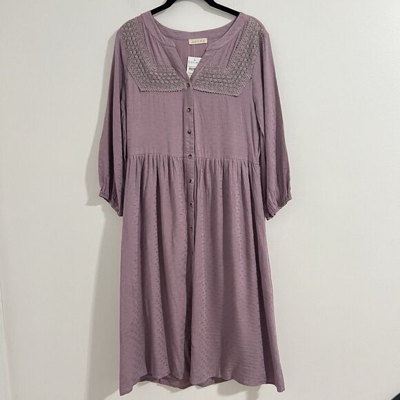 Bohme Shirt Midi Dress Small Lavender Lace Detail Button Down Boho Hippie Relax - Picture 1 of 7